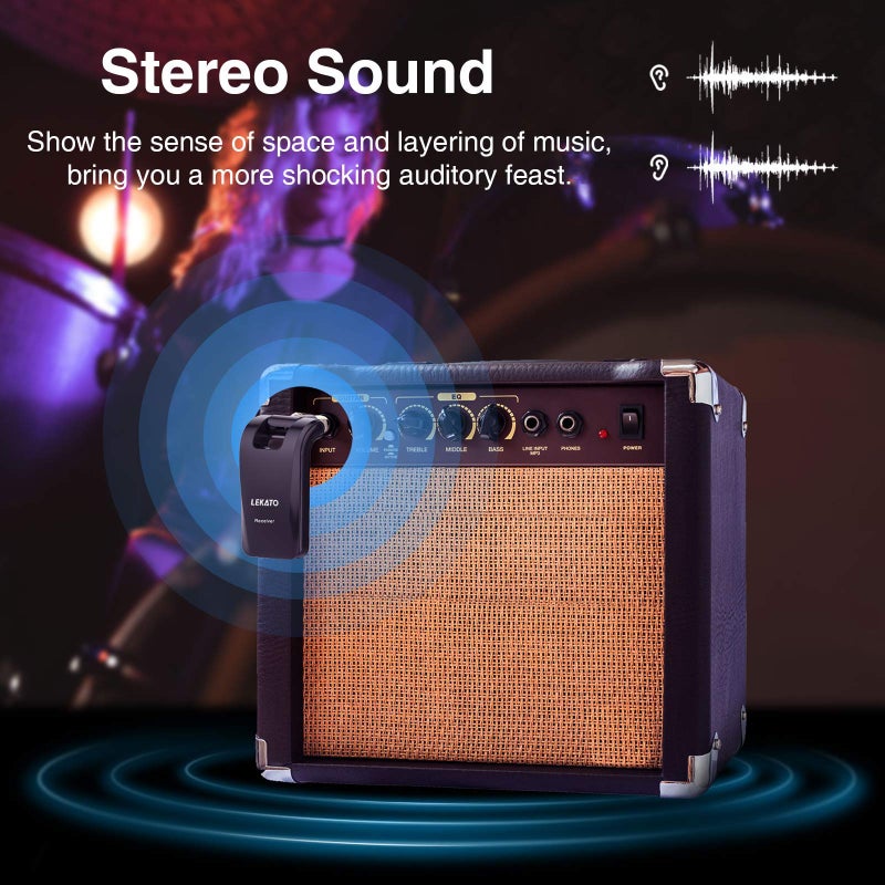 LEKATO Wireless Guitar System 2.4GHz Rechargeable Audio Wireless Transmitter Receiver 6 Channels for Guitar Bass Electric Instruments, Stereo and Mono 1/4â€ & 1/8â€ 2 in 1 Plugs,Black(WS-60) - Image 3